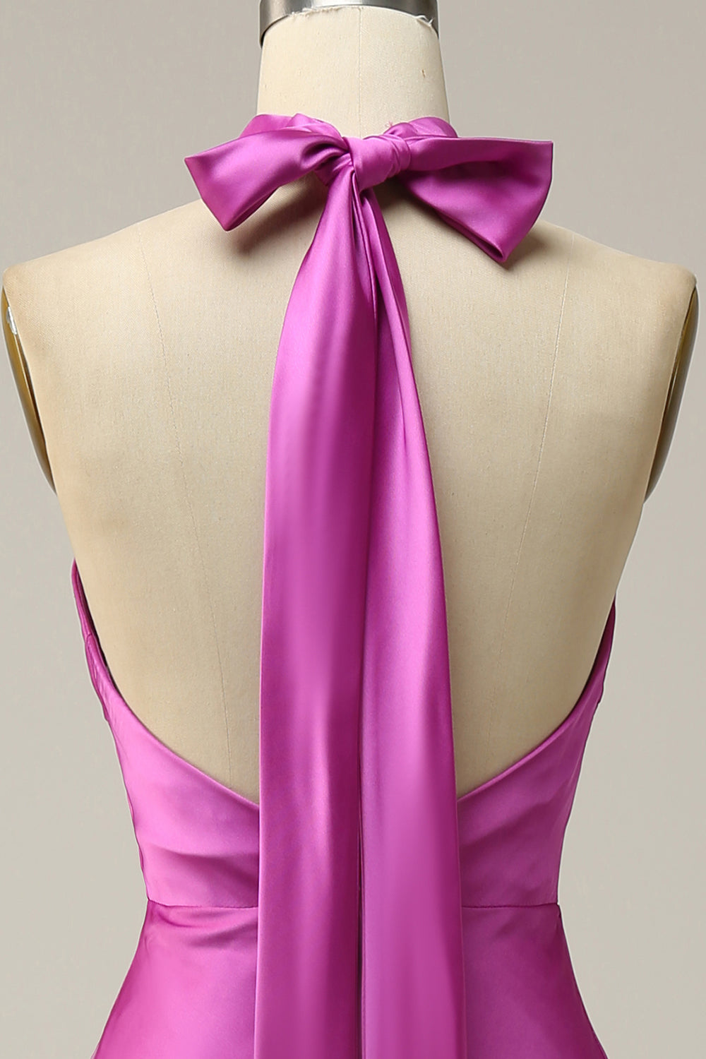 Fuchsia Satin Halter Bridesmaid Dress