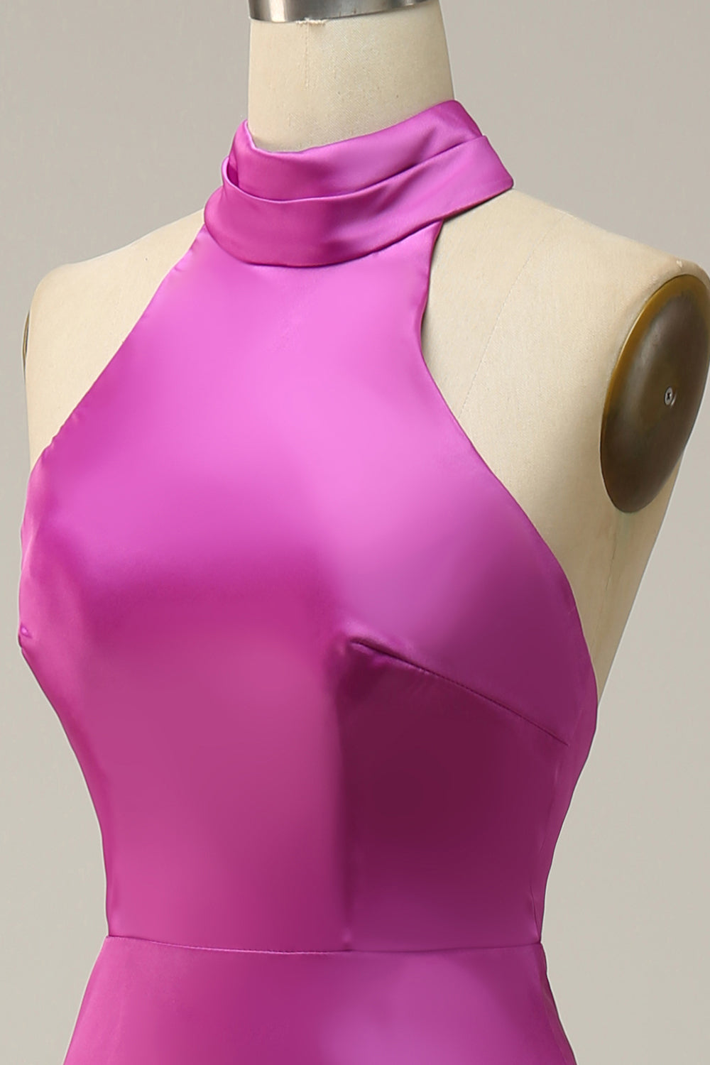 Fuchsia Satin Halter Bridesmaid Dress
