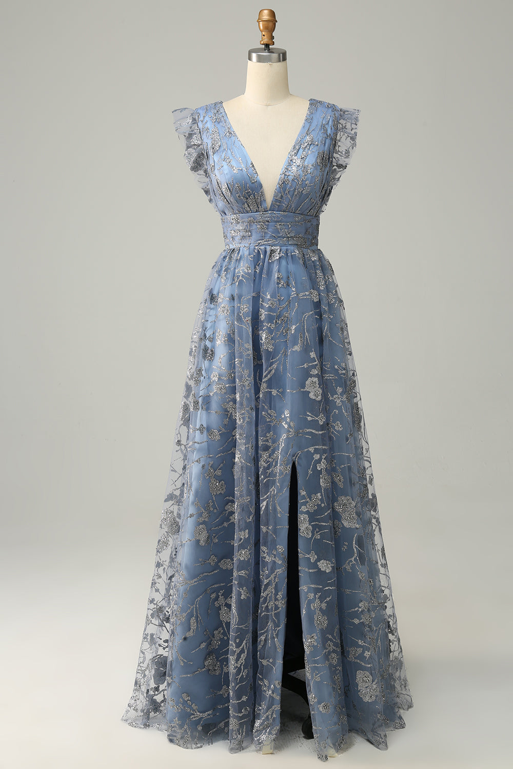 Vestido de fiesta azul grisáceo de talla grande con escote en V profundo y bordados