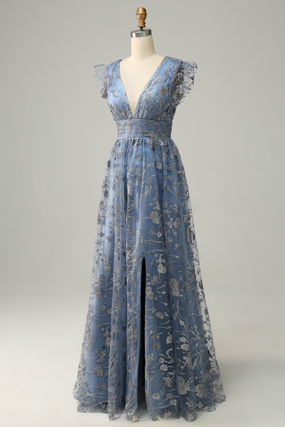 Vestido de fiesta azul grisáceo de talla grande con escote en V profundo y bordados