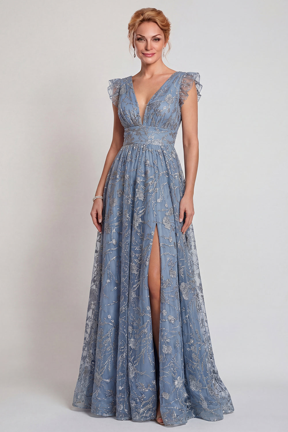 Grey Blue Appliqued V Neck A Line Mother of the Bride Dress with Slit