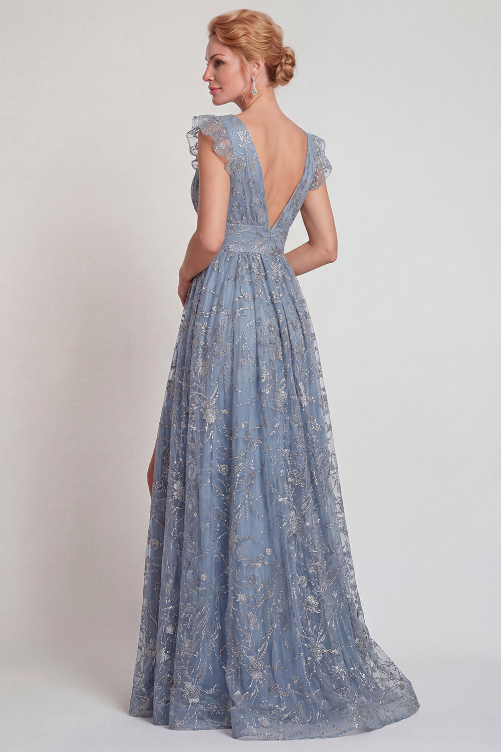 Grey Blue Appliqued V Neck A Line Mother of the Bride Dress with Slit