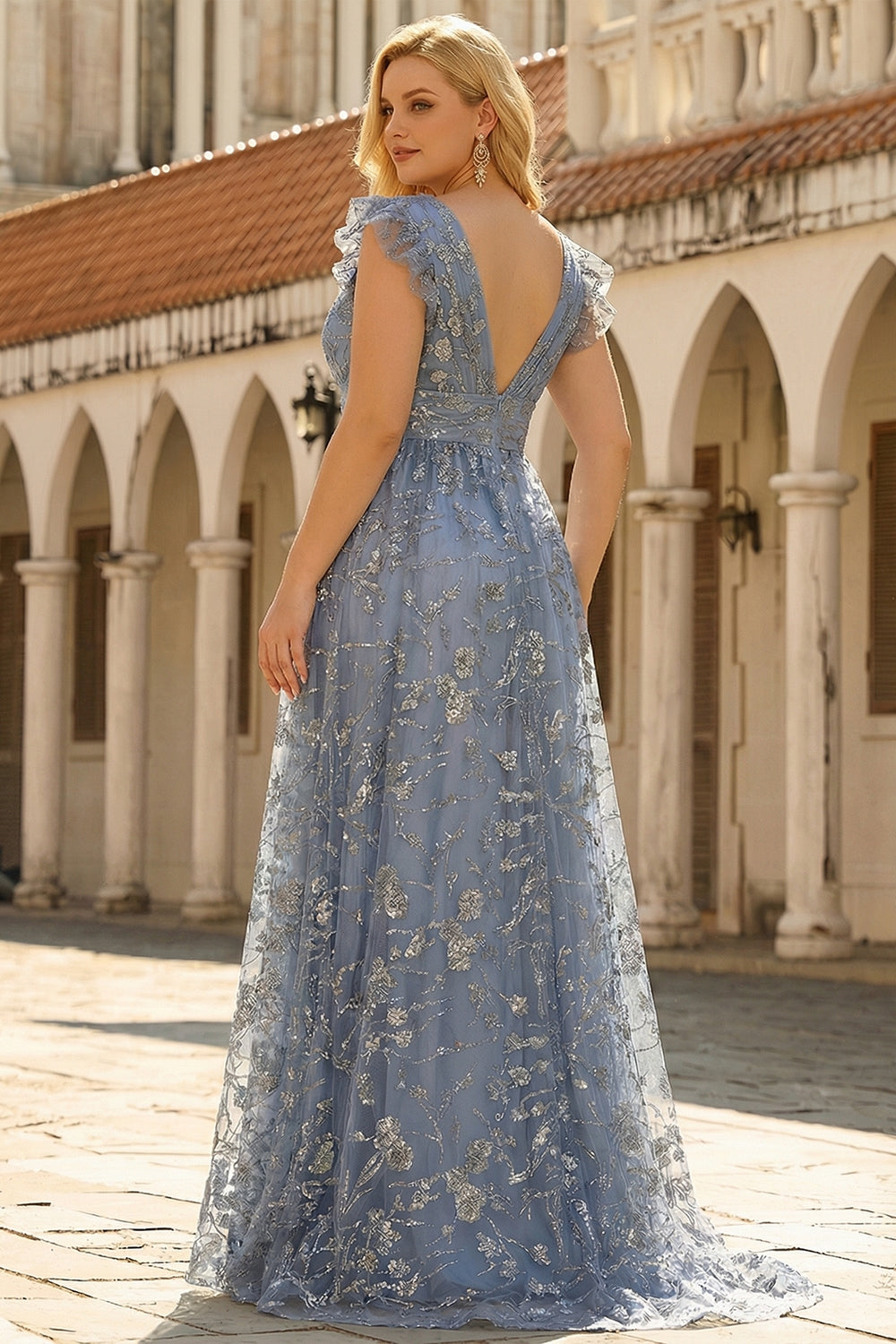 Grey Blue A-Line Deep V-Neck Open Back Plus Size Prom Dress with Sequins