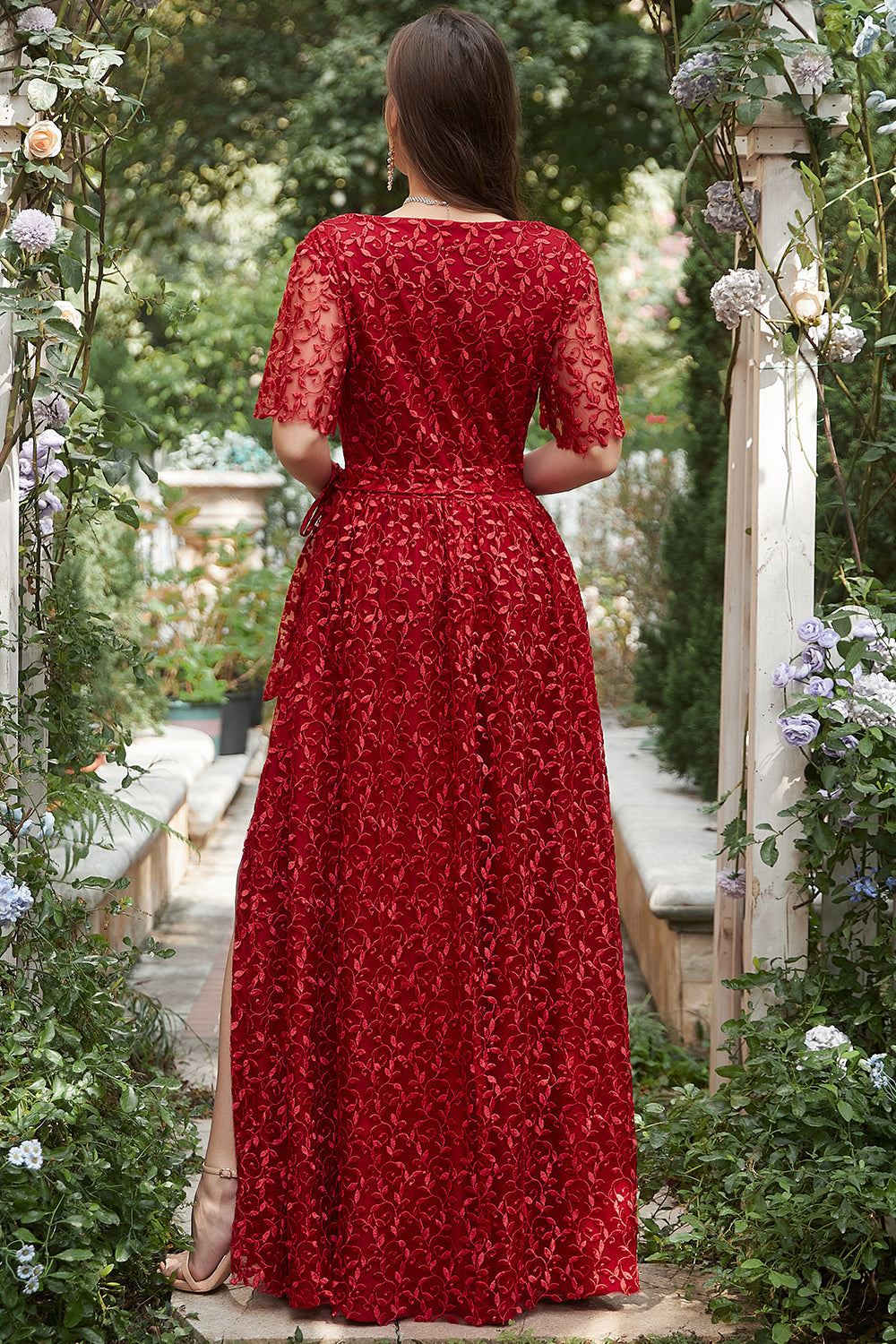 A-line V-neck Red Long Bridesmaid Dress with Embroidery