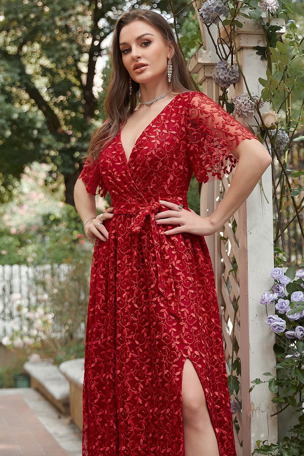 A-line V-neck Red Long Bridesmaid Dress with Embroidery