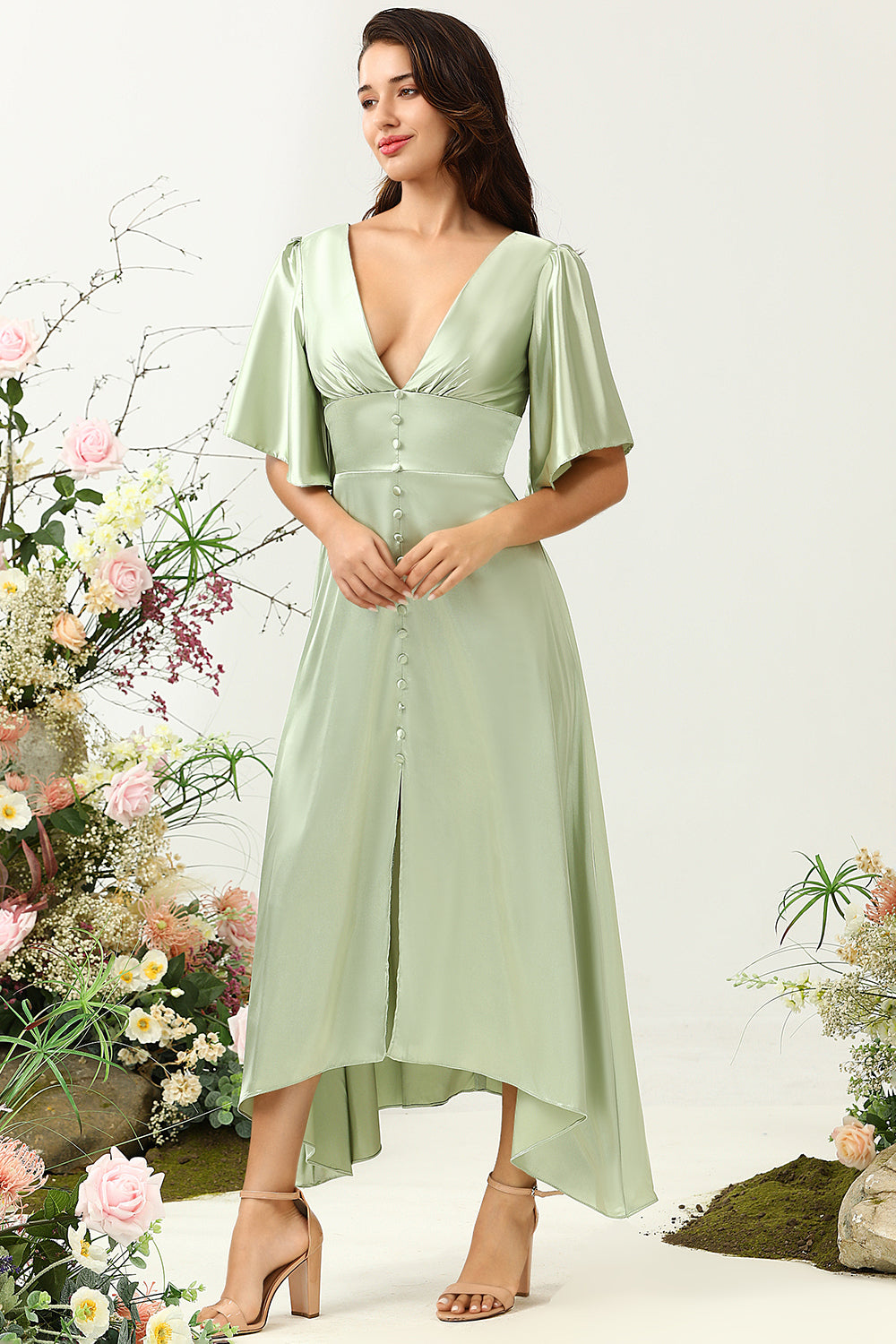 Robe de Demoiselle d'Honneur Vert Clair Col en V Profond Coupe Évasée avec Manches Mi-Longues