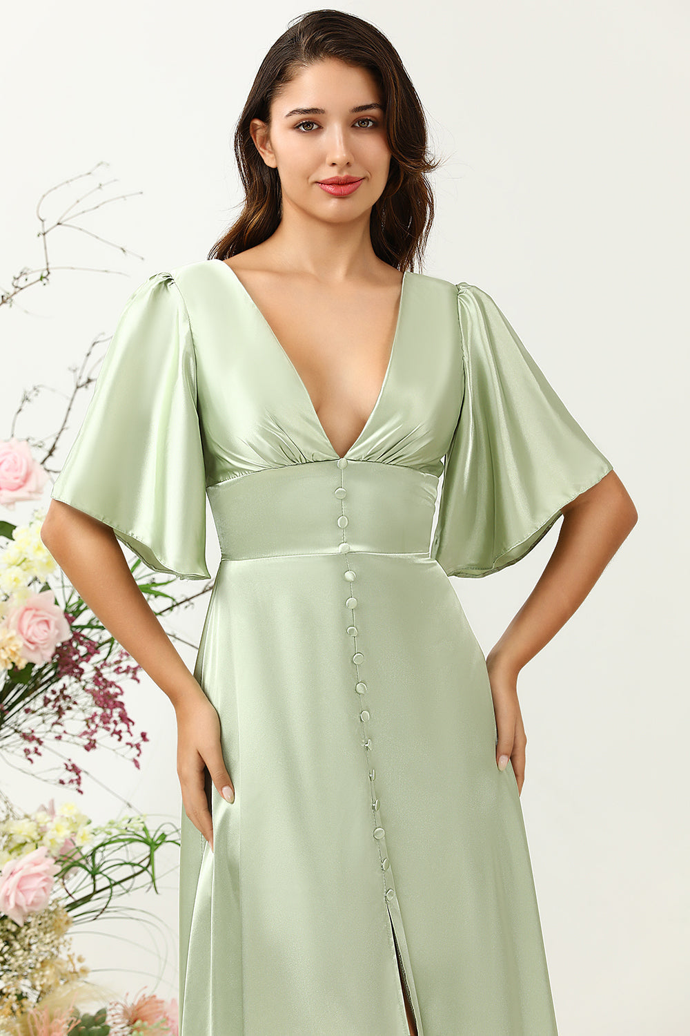 Robe de Demoiselle d'Honneur Vert Clair Col en V Profond Coupe Évasée avec Manches Mi-Longues