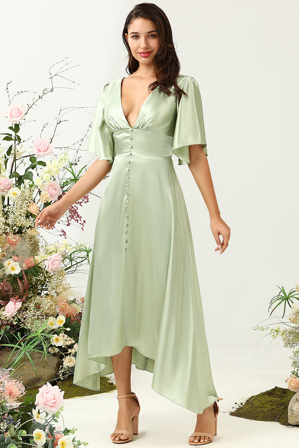 Robe de Demoiselle d'Honneur Vert Clair Col en V Profond Coupe Évasée avec Manches Mi-Longues