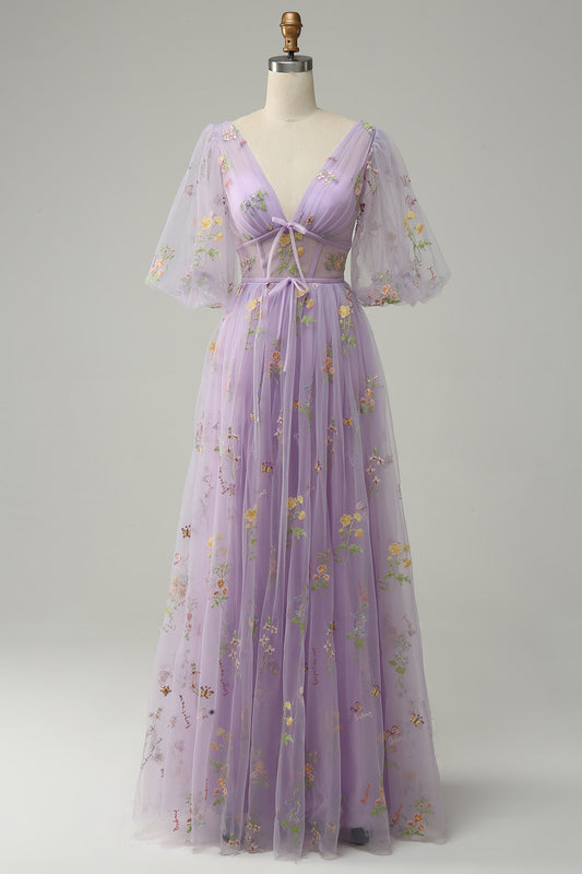 A-Line Lavender Long Graduation Dress with V-Neck, Embroidery, and Short Sleeves