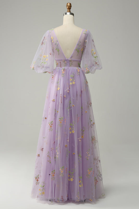 A-Line Lavender Long Graduation Dress with V-Neck, Embroidery, and Short Sleeves
