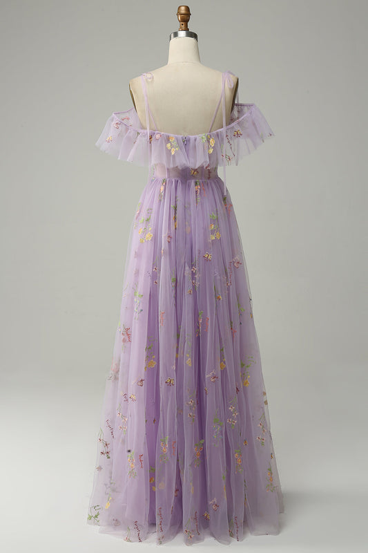 A-Line V-Neck Spaghetti Straps Embroidered Lavender Long Prom Dress with Slit