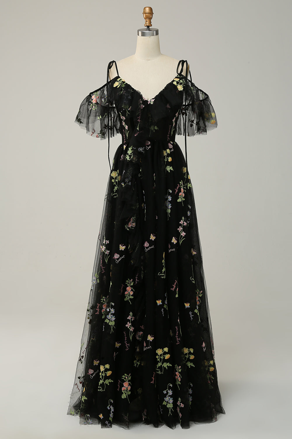 Robe de soirée longue verte, ligne A, décolleté en V, bretelles spaghetti, broderies, avec fente