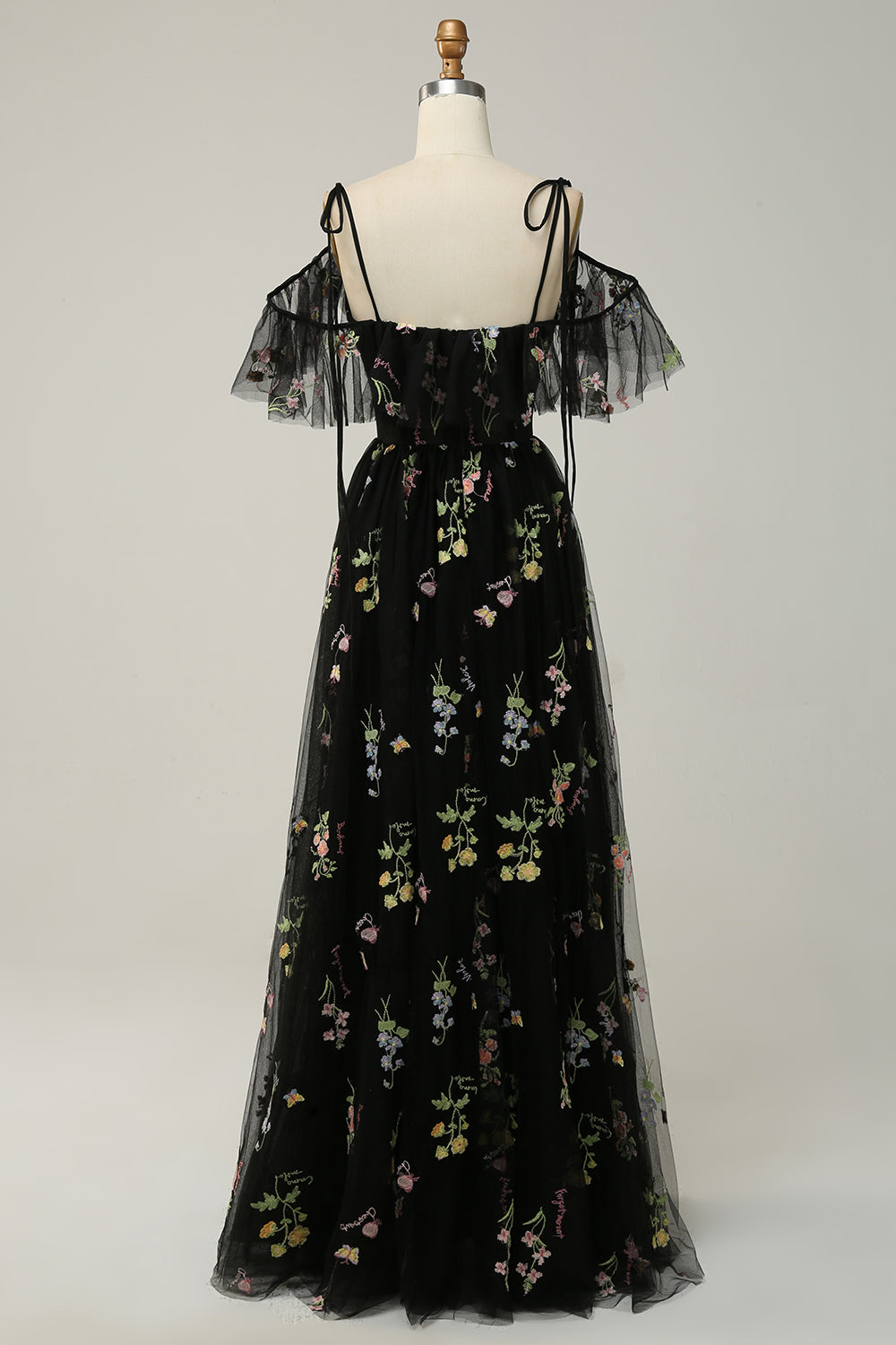 Robe de soirée longue verte, ligne A, décolleté en V, bretelles spaghetti, broderies, avec fente