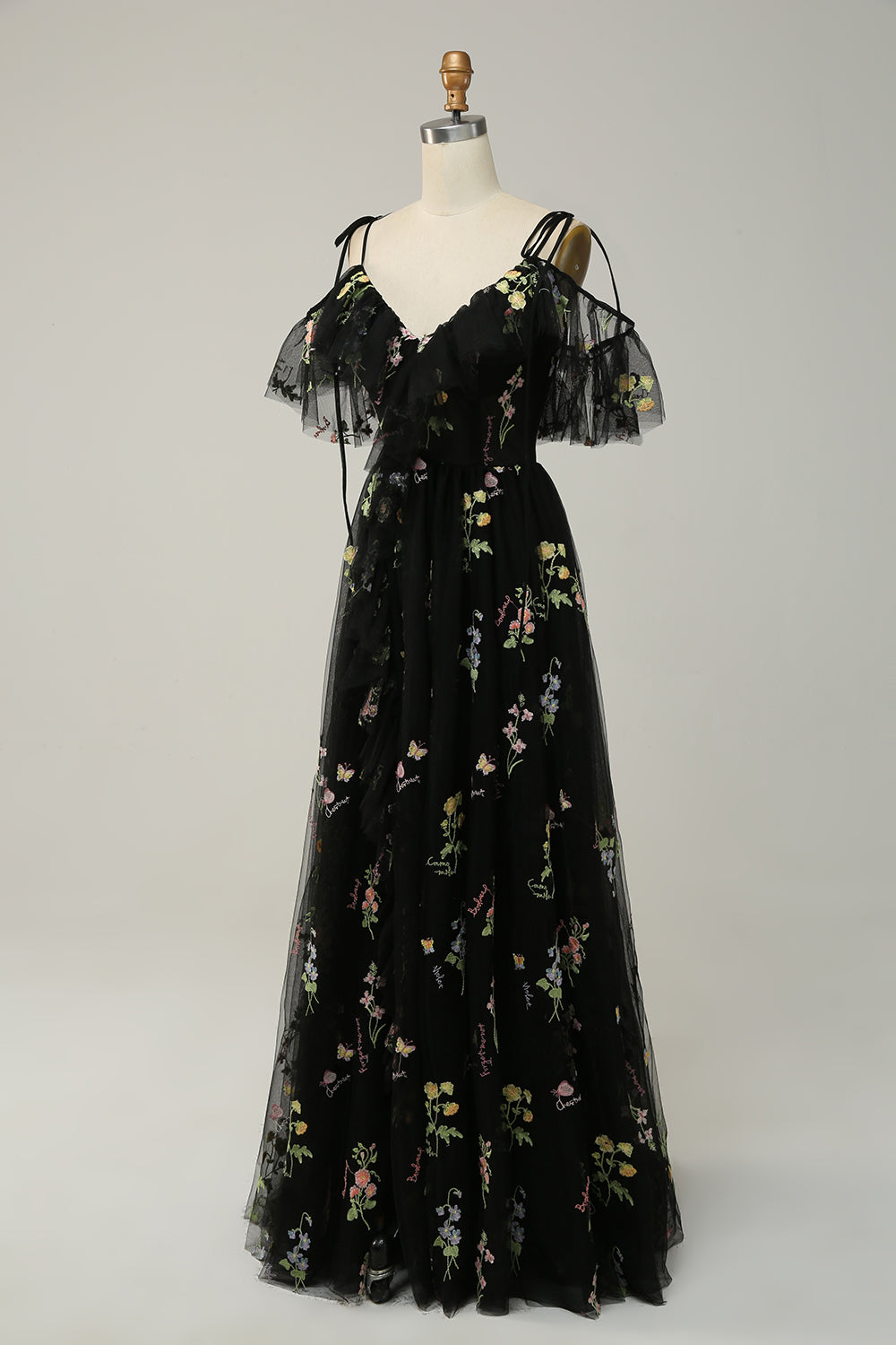 Robe de soirée longue verte, ligne A, décolleté en V, bretelles spaghetti, broderies, avec fente