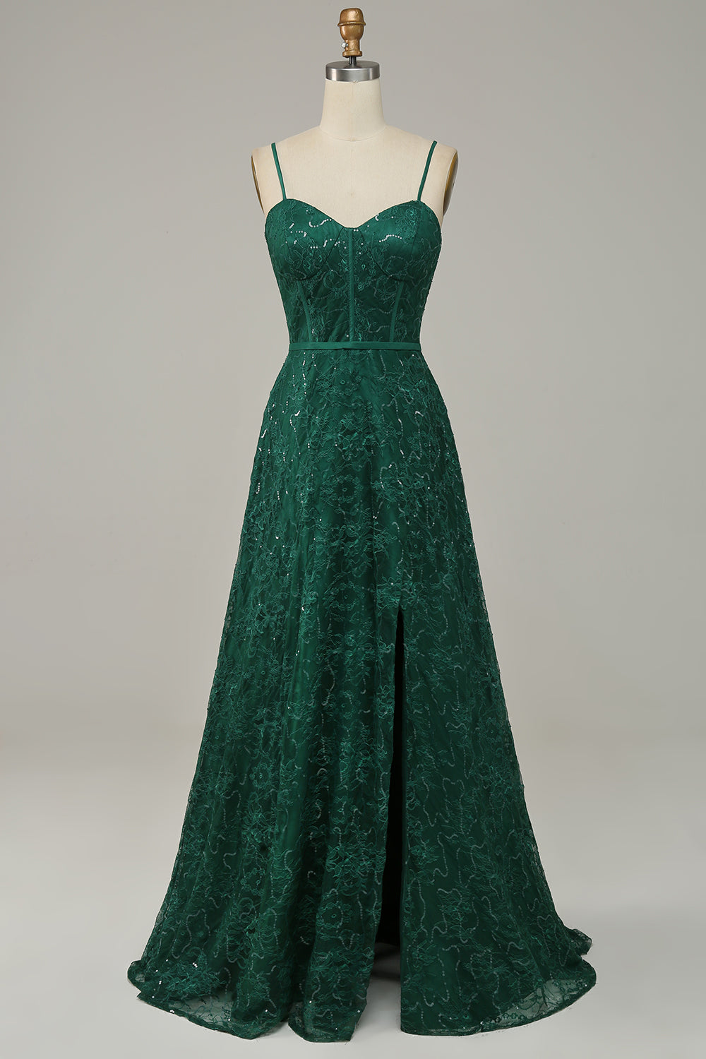 Robe de bal corset vert foncé en dentelle à fines bretelles