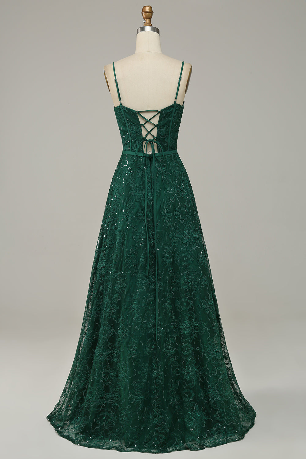 Robe de bal corset vert foncé en dentelle à fines bretelles