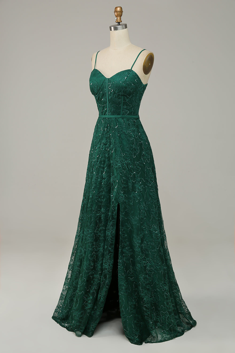 Robe de bal corset vert foncé en dentelle à fines bretelles