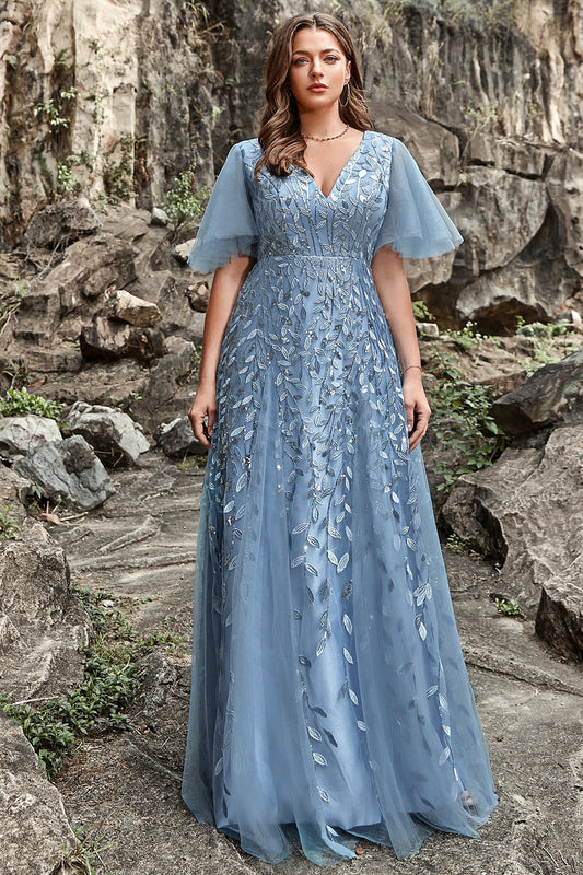 Vestido de fiesta azul grisáceo de talla grande con escote en V y aplicaciones