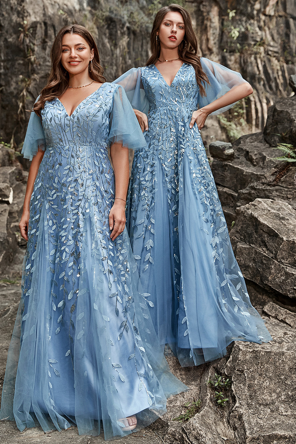 Robe de bal grande taille ligne A en V bleu gris avec appliques