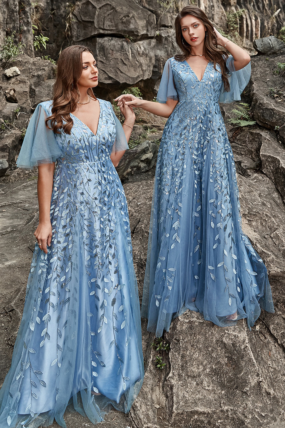 Robe de bal grande taille ligne A en V bleu gris avec appliques