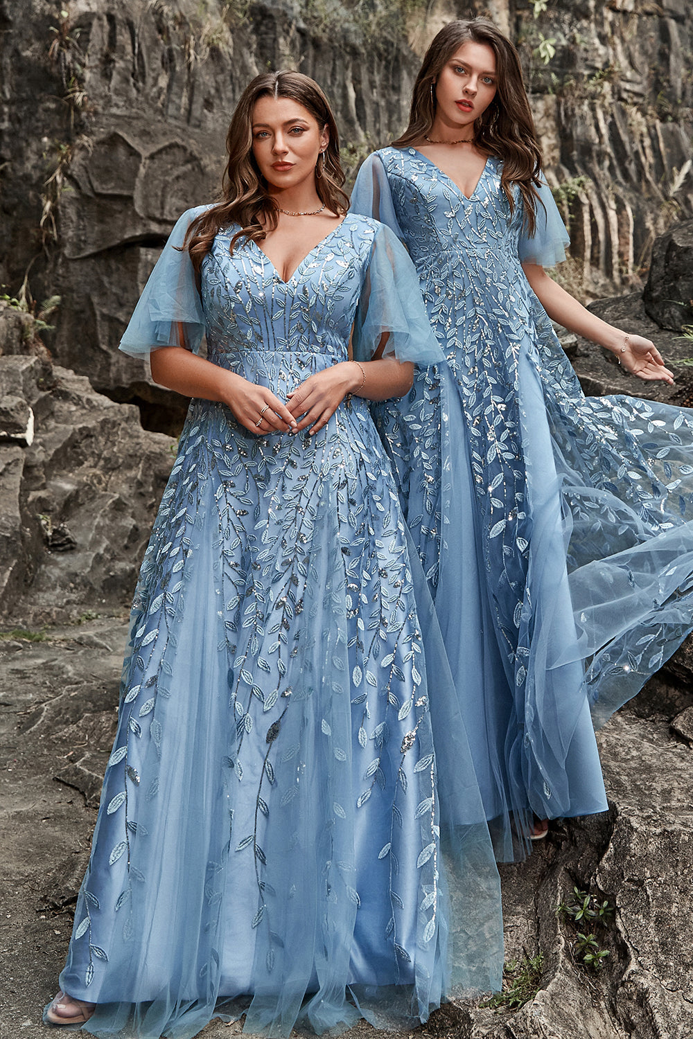Robe de bal grande taille ligne A en V bleu gris avec appliques