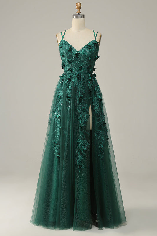 Dark Green A-Line Tulle Prom Dress with Slit