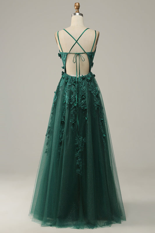 Dark Green A-Line Tulle Prom Dress with Slit