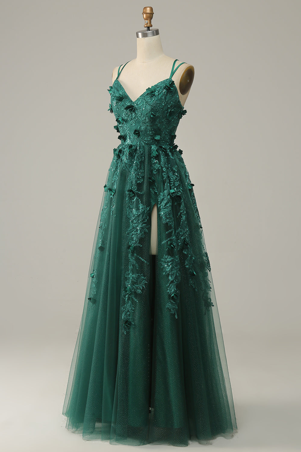 Robe de bal en tulle ligne A vert foncé avec fente