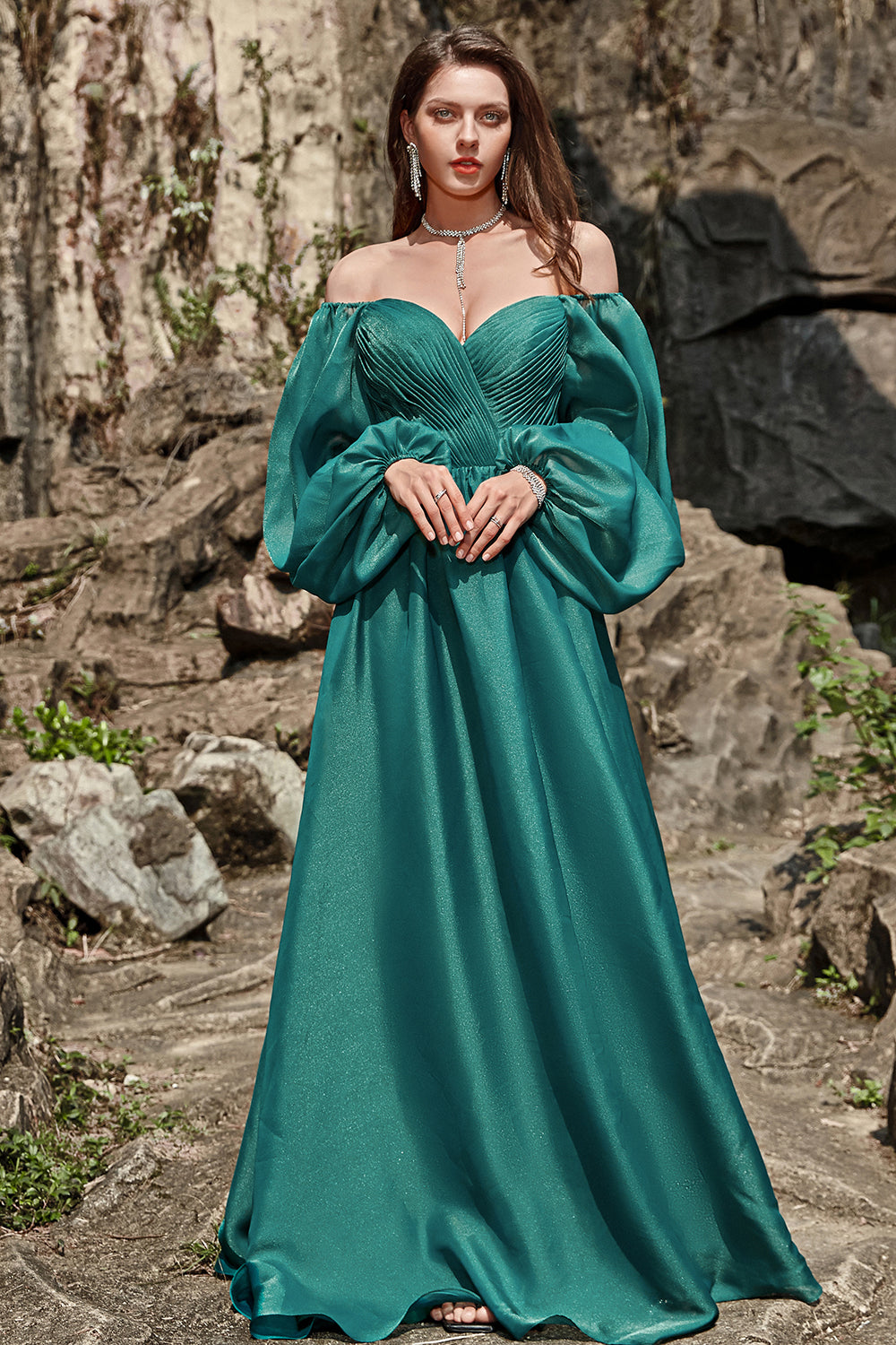Off-the-Shoulder Long-Sleeve Ruffle Prom Dress