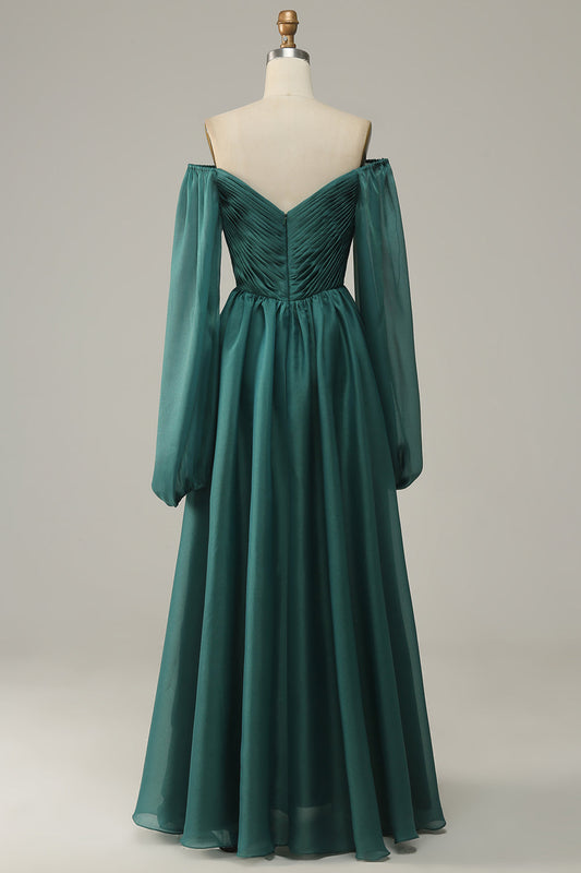 Off-the-Shoulder Long-Sleeve Ruffle Prom Dress