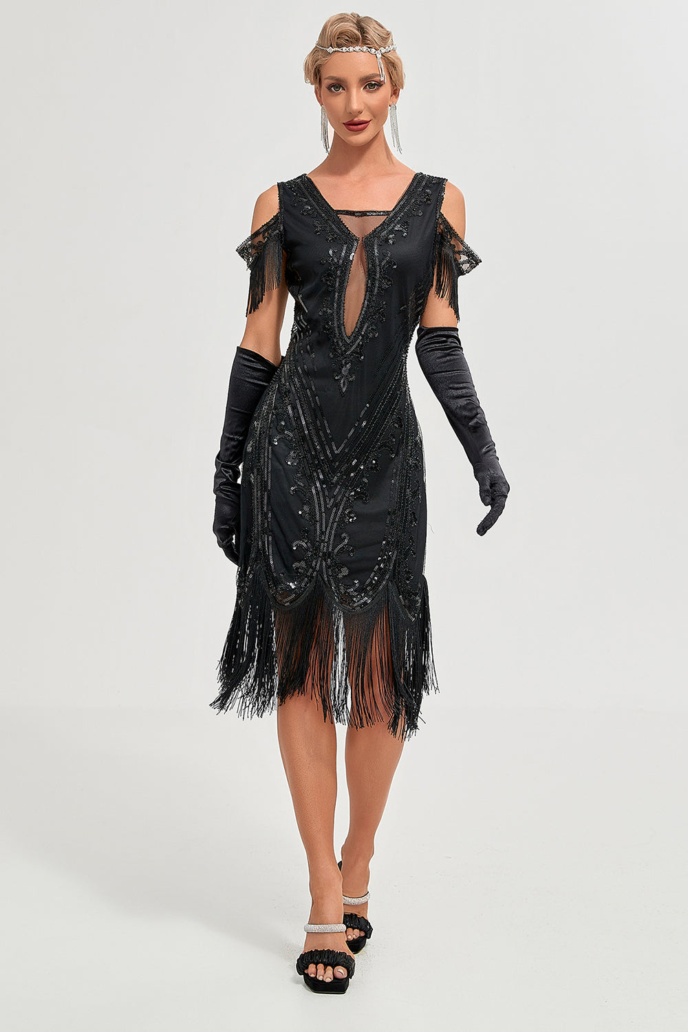 Robe Gatsby années 20 noire à épaules dénudées, sequins et franges