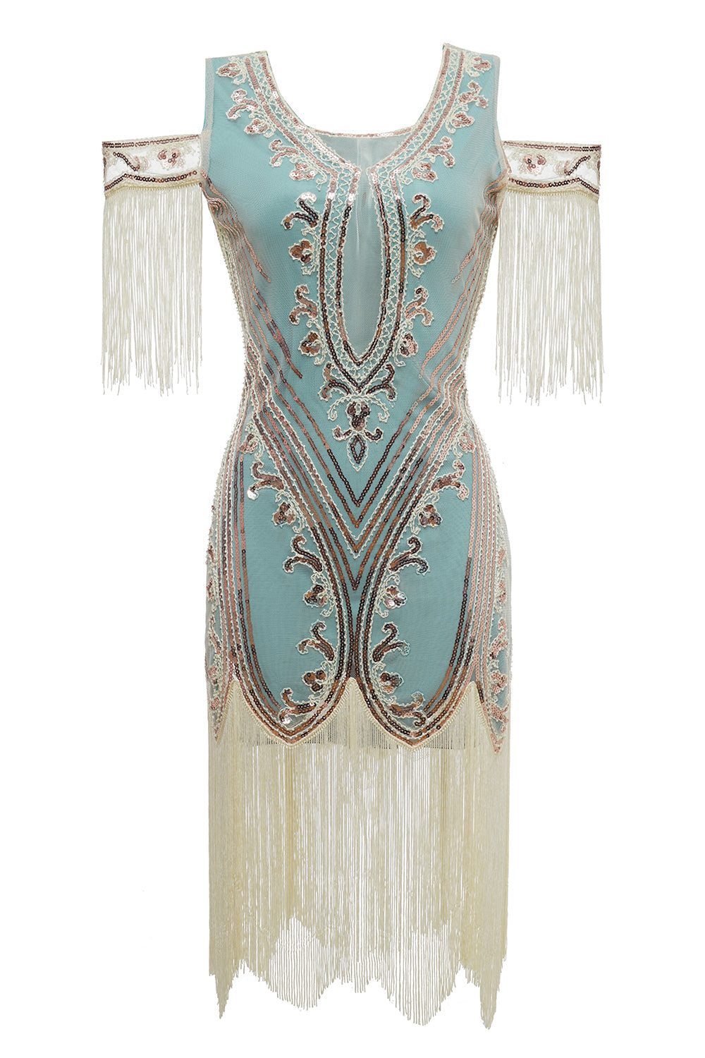Robe de soirée Charleston verte à paillettes et pampilles, épaules dénudées