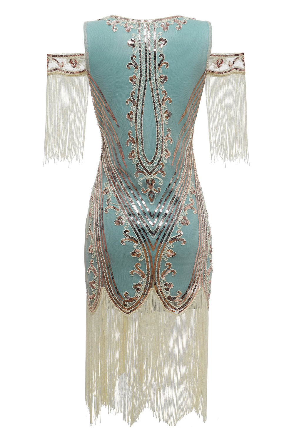 Robe de soirée Charleston verte à paillettes et pampilles, épaules dénudées