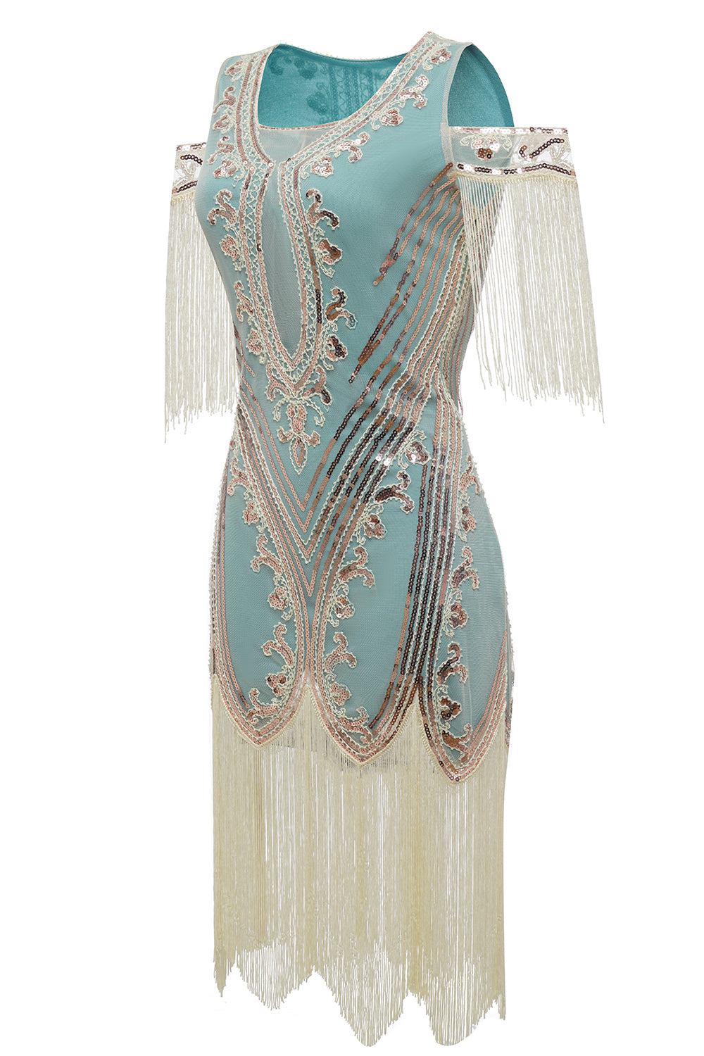 Robe de soirée Charleston verte à paillettes et pampilles, épaules dénudées