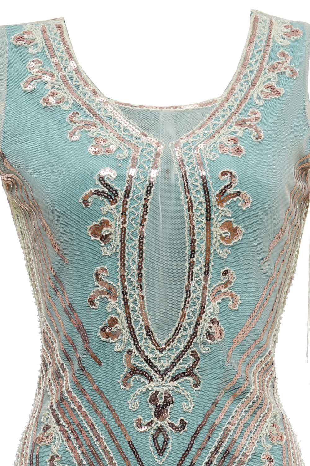 Robe de soirée Charleston verte à paillettes et pampilles, épaules dénudées