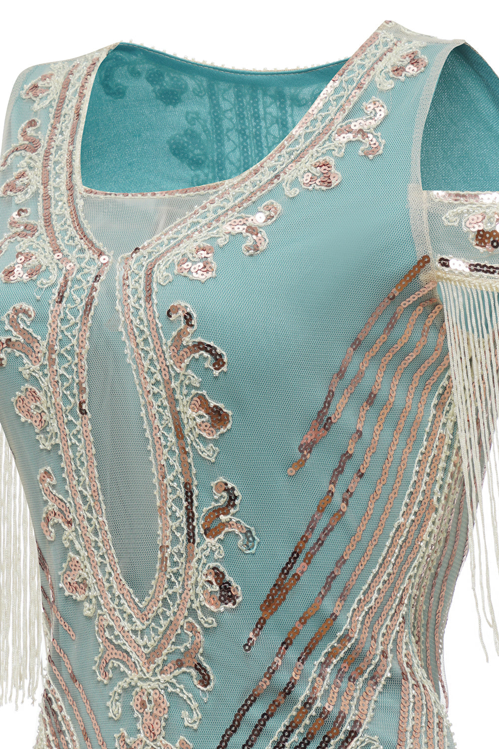 Robe de soirée Charleston verte à paillettes et pampilles, épaules dénudées