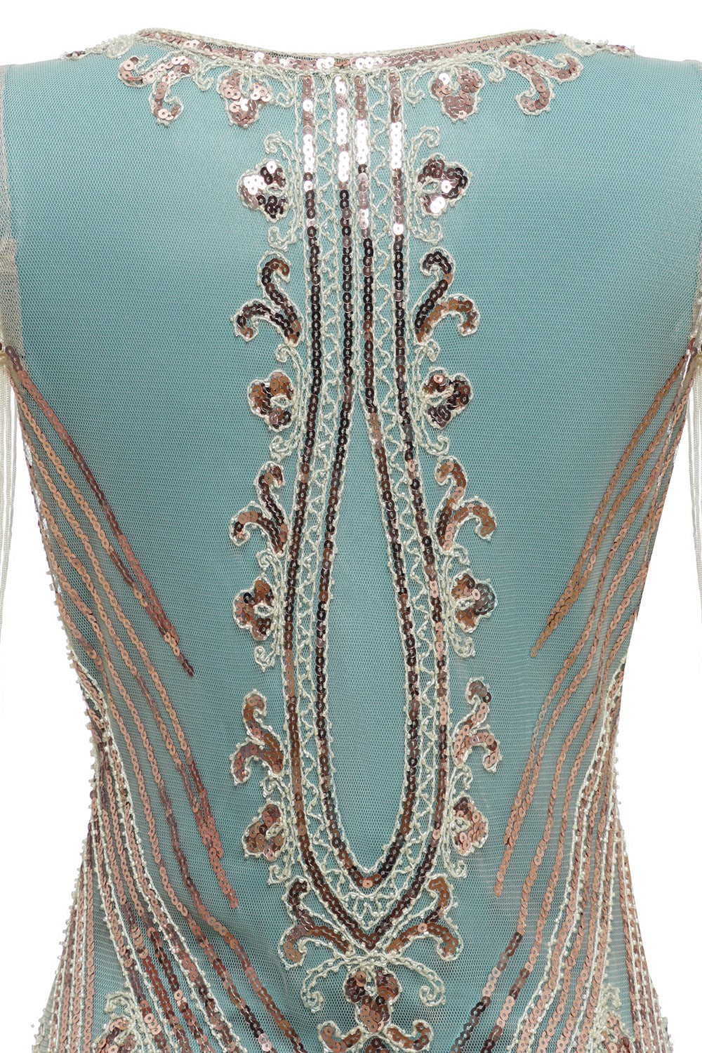 Robe de soirée Charleston verte à paillettes et pampilles, épaules dénudées
