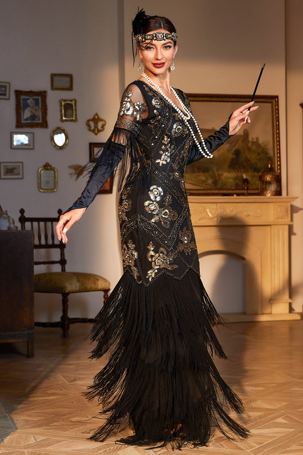 Robe de chœur longue noire fourreau à col en V, sequins et franges