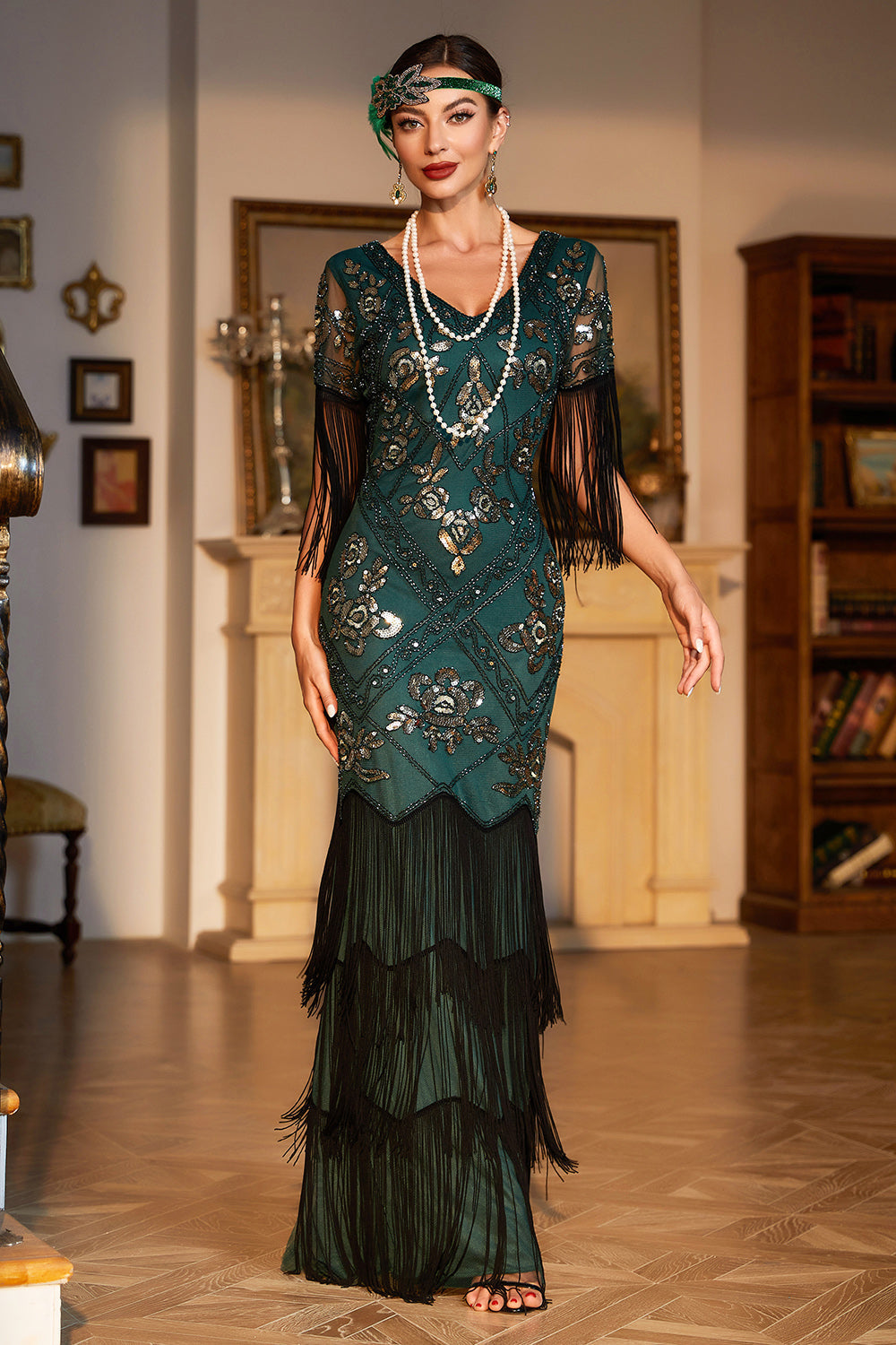 Robe de chœur longue noire fourreau à col en V, sequins et franges