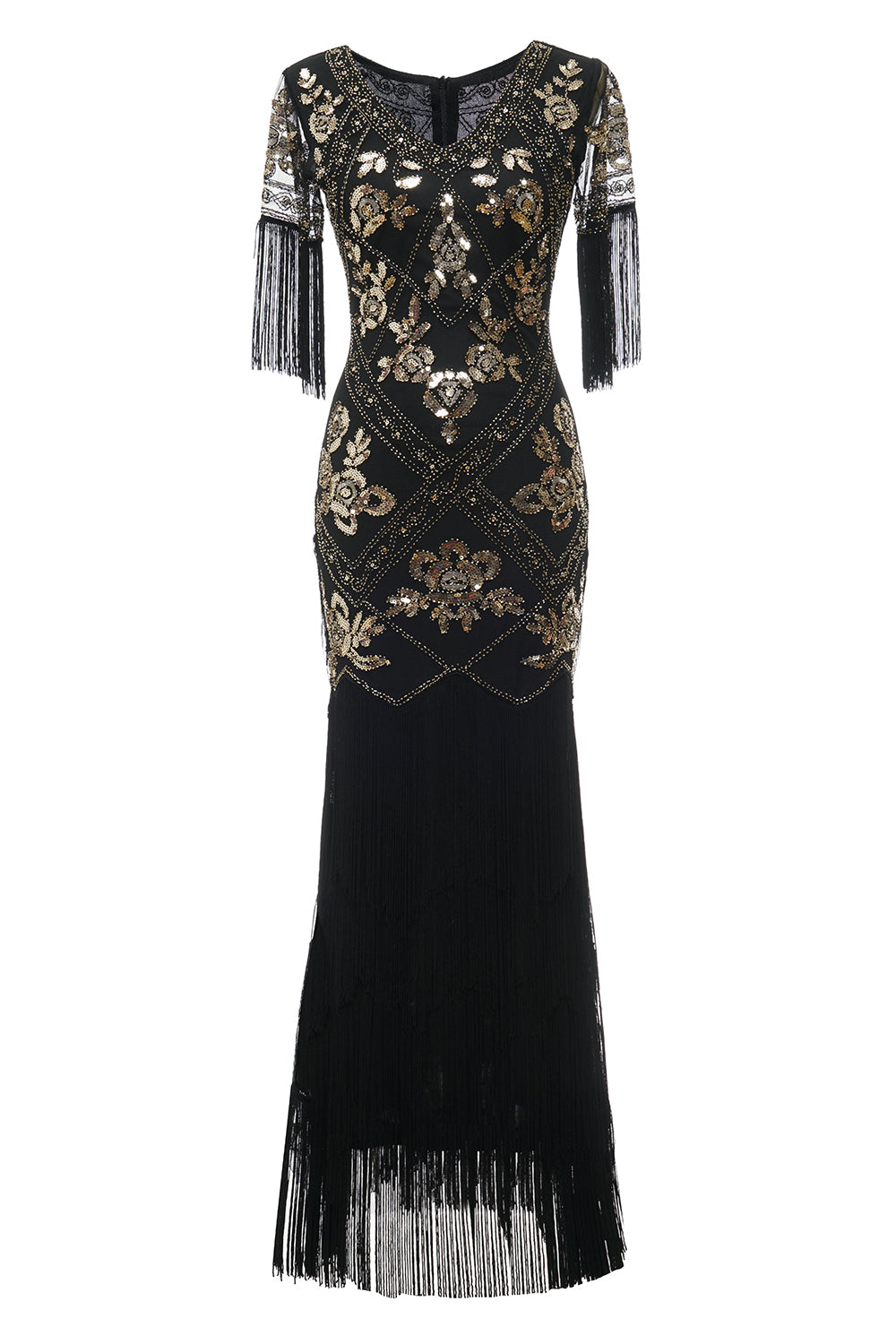 Robe Charleston noire longue à col en V, avec sequins et franges