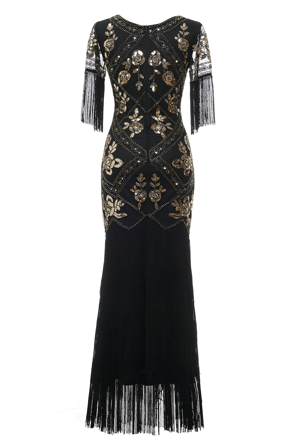 Robe Charleston noire longue à col en V, avec sequins et franges
