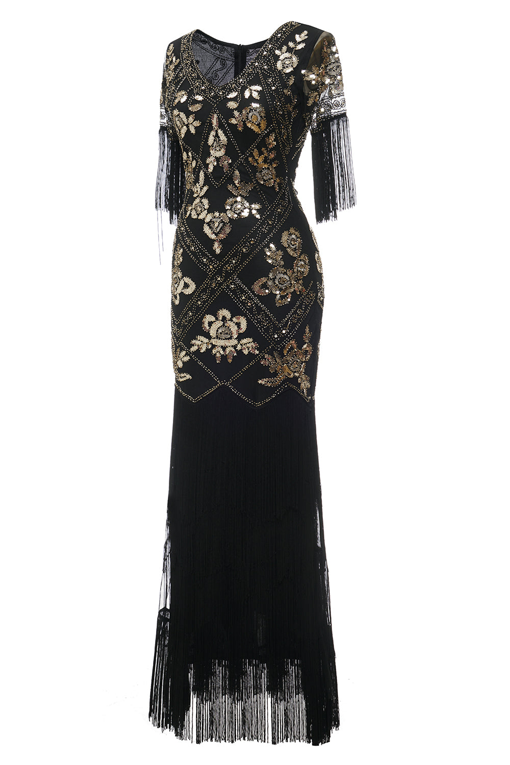 Robe Charleston noire longue à col en V, avec sequins et franges
