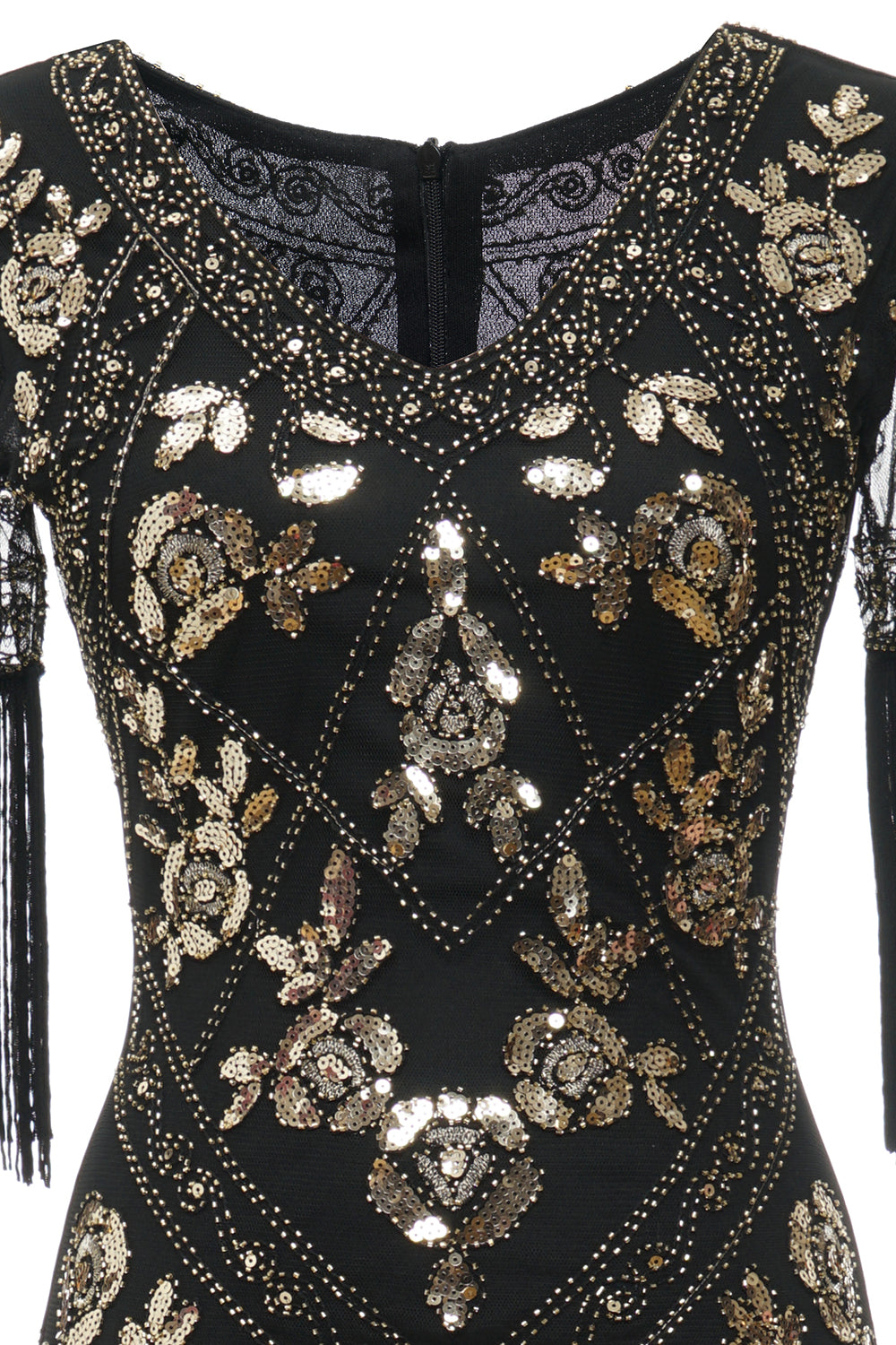 Robe Charleston noire longue à col en V, avec sequins et franges