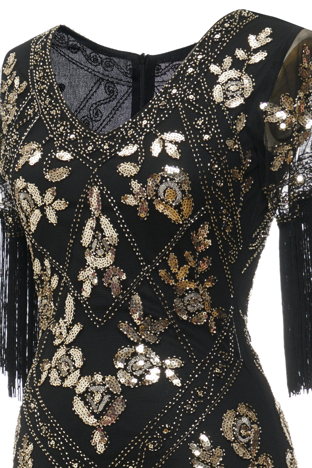 Robe Charleston noire longue à col en V, avec sequins et franges