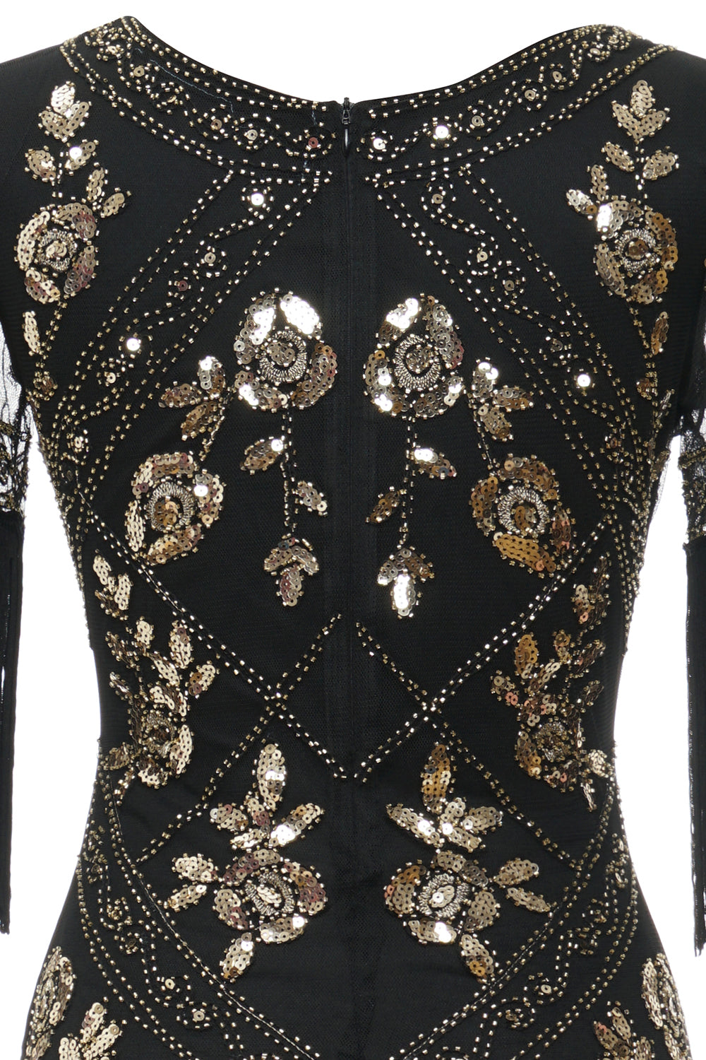 Robe Charleston noire longue à col en V, avec sequins et franges