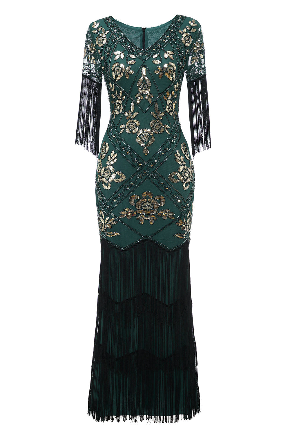 Robe Charleston noire longue à col en V, avec sequins et franges