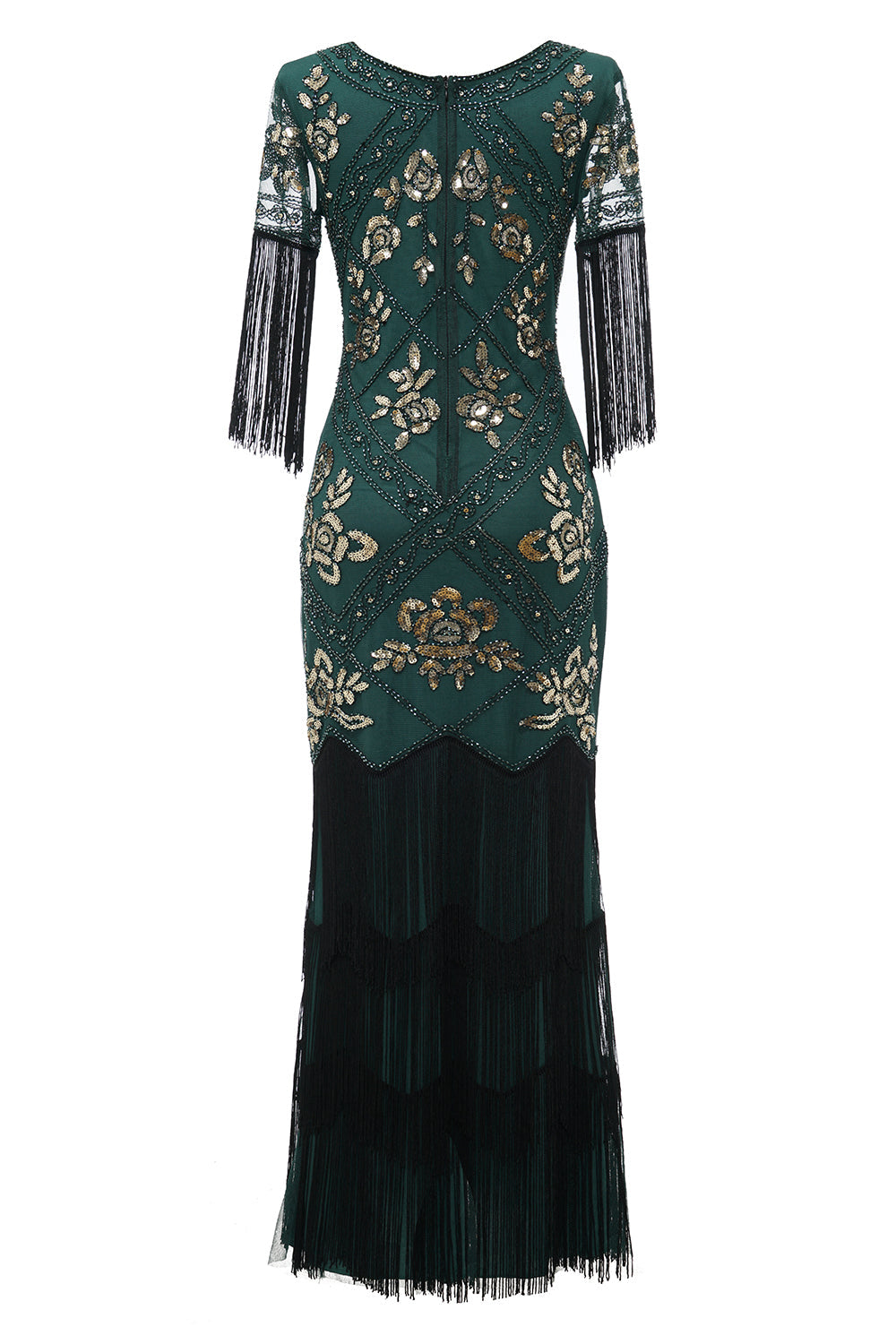 Robe Charleston noire longue à col en V, avec sequins et franges