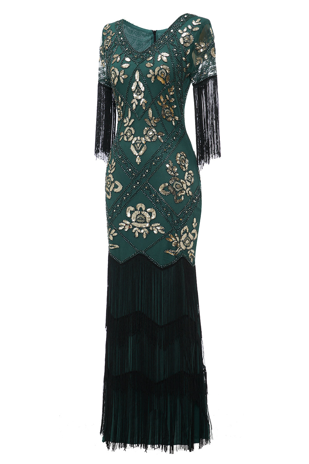 Robe Charleston noire longue à col en V, avec sequins et franges