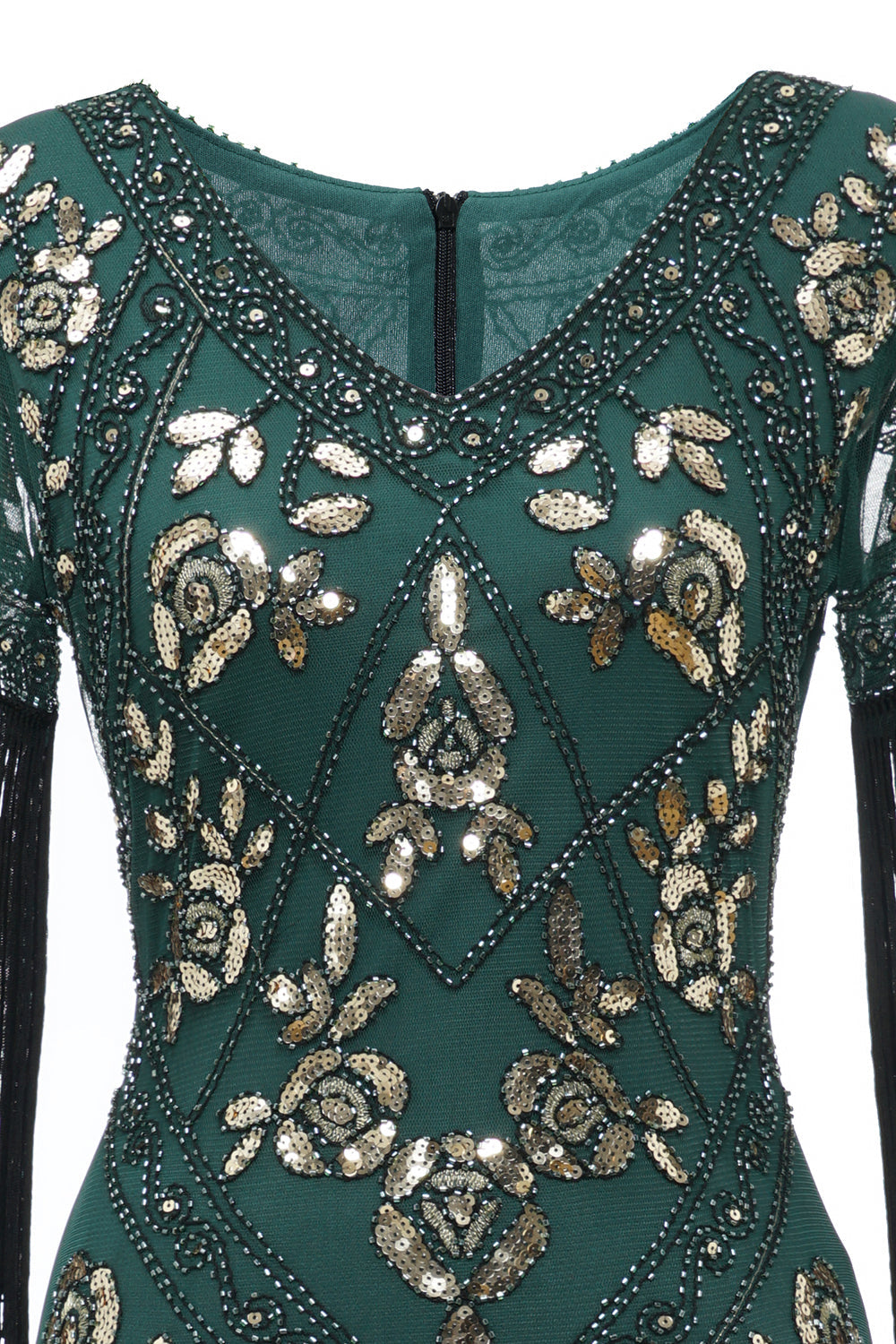 Robe Charleston noire longue à col en V, avec sequins et franges