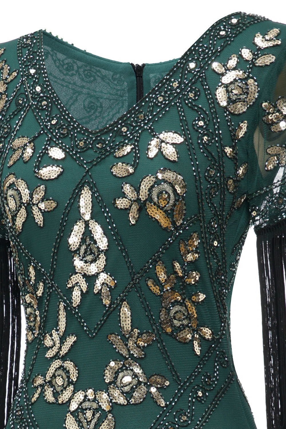 Robe Charleston noire longue à col en V, avec sequins et franges